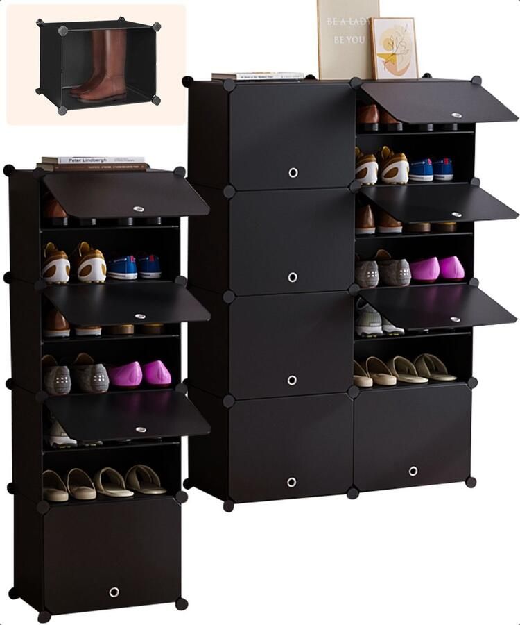Bellettini Verstelbaar Schoenenrek en Schoenenkast Geschikt voor 48 schoenen Zwart