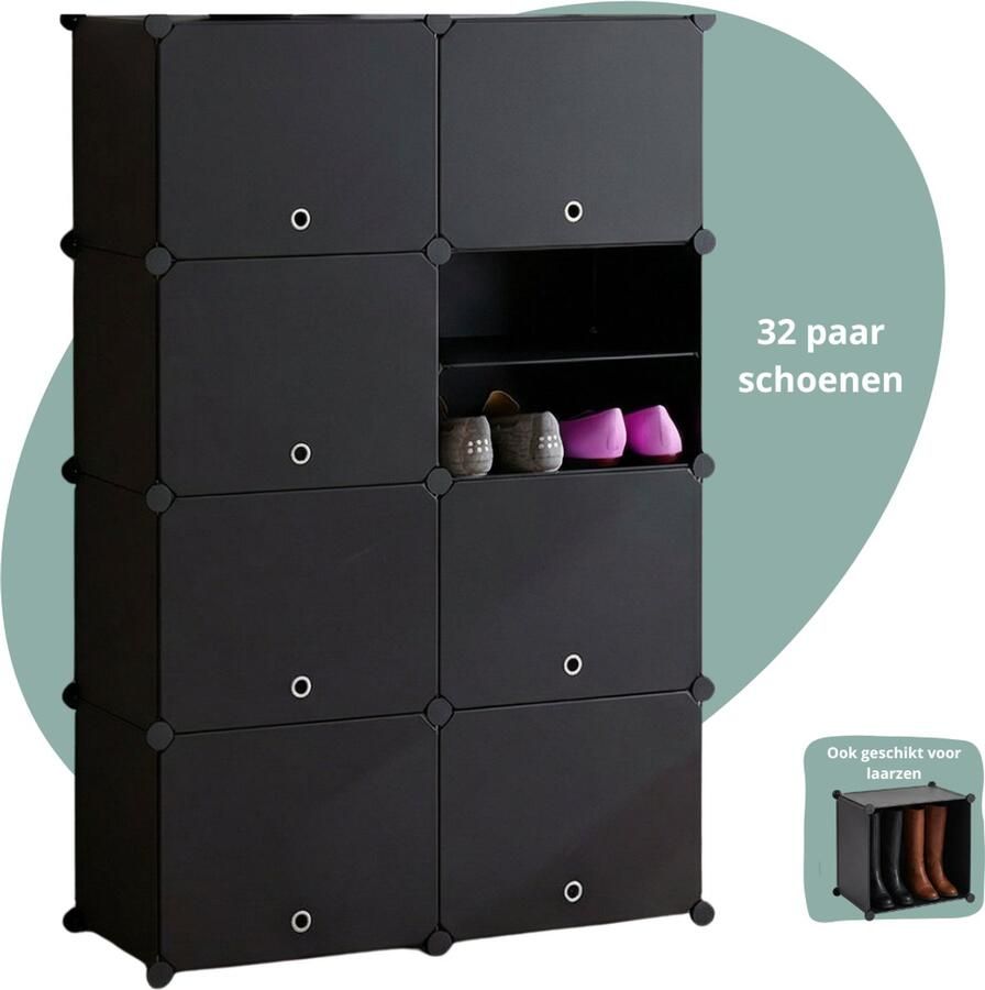 Bellettini Schoenenkast Schoenenrek Zwart Schoenenkast met deuren Verstelbaar Voor 32 schoenen - Foto 2