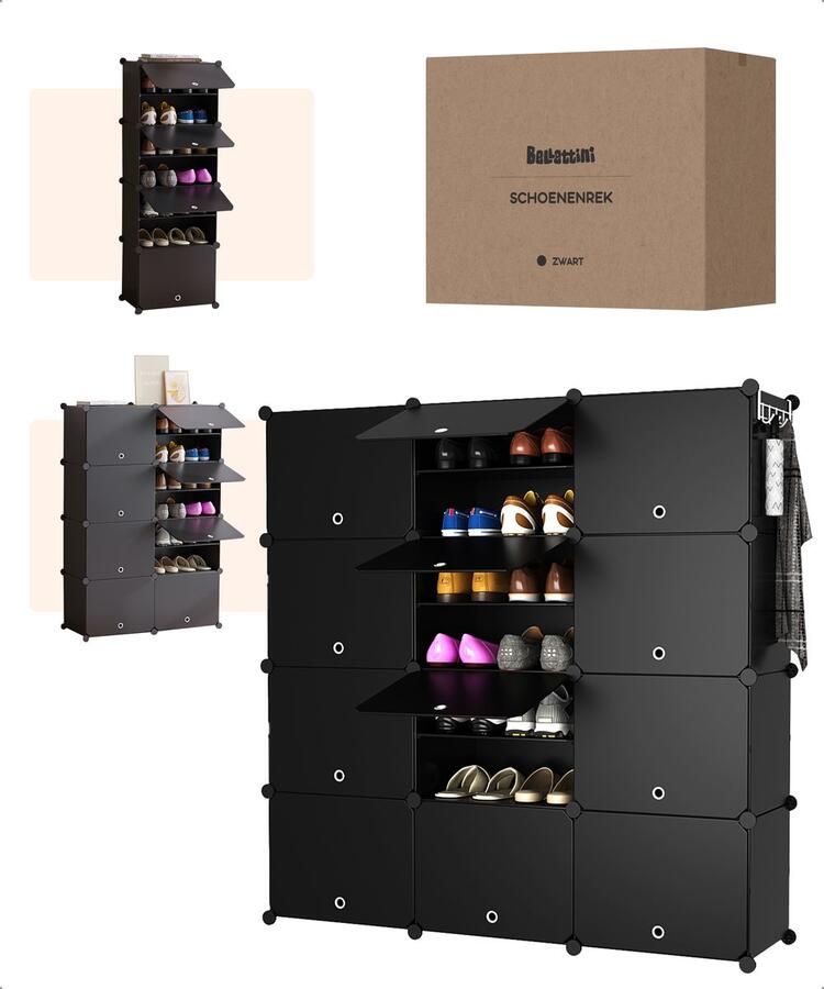 Bellettini Verstelbaar Schoenenrek en Schoenenkast Geschikt voor 48 schoenen Zwart - Foto 2