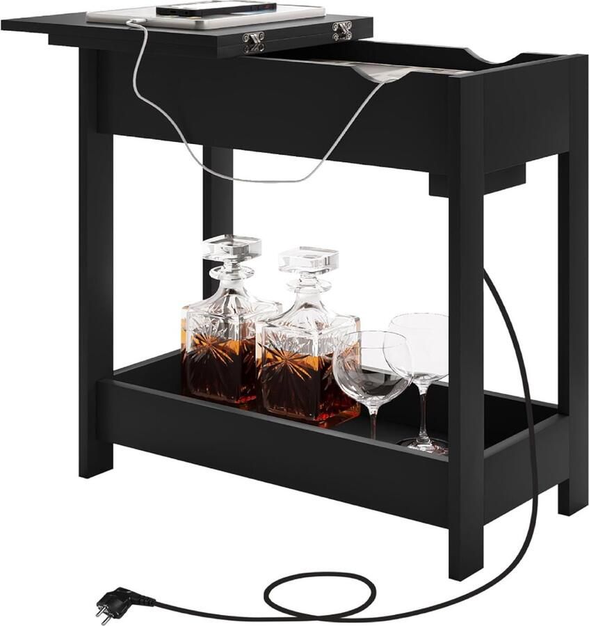 Belmarkt Bijzettafel nachtkastje met stopcontact banktafel salontafel kleine tafel consoletafel inklapbaar tafelblad 3 legplanken voor woonkamer slaapkamer keuken zwart 0002CHJ