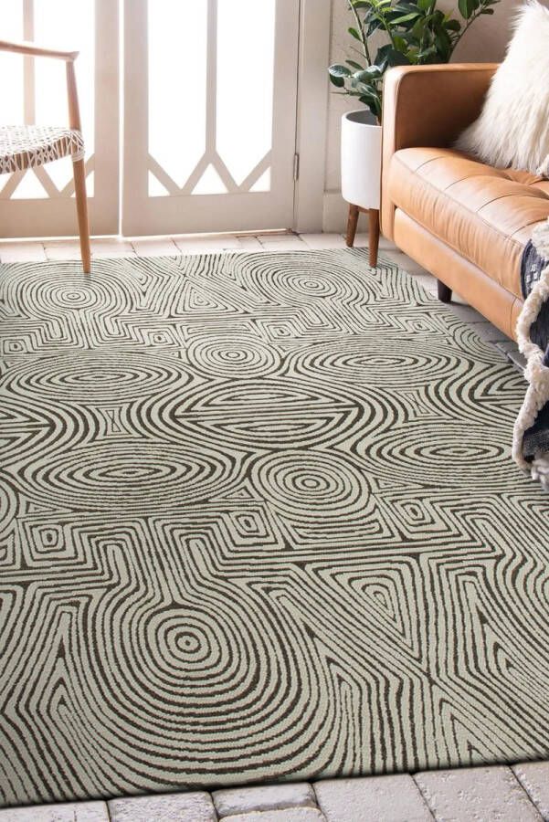 LOLA&MOI Geometrisch ivoor vloerkleed Tabasco met cirkels en labyrinten in goudgeel Tapijt 80 x 150 cm - Foto 2