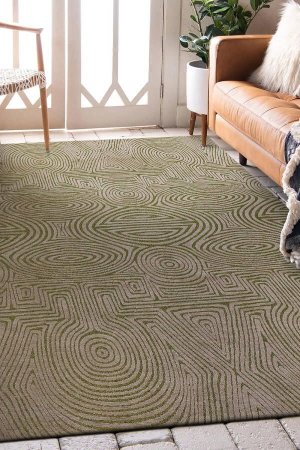 LOLA&MOI Geometrisch groen vloerkleed Tabasco met cirkels en labyrinten in goudgeel Tapijt 240 x 340 cm - Foto 3