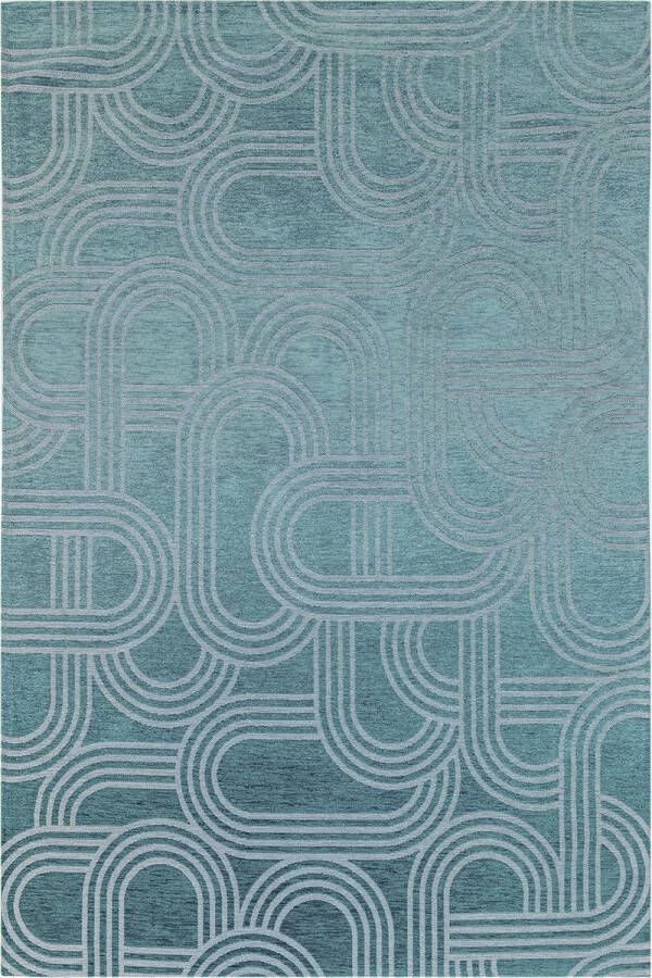 Beneffito Vloerkleed Disco blauw met geometrische lijnen en cirkels 200 x 280 cm