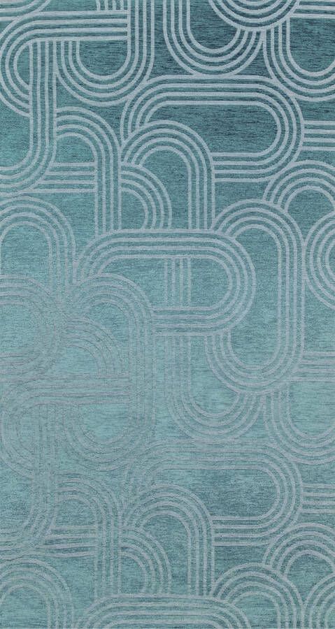 Beneffito Vloerkleed Disco blauw met geometrische lijnen en cirkels 80 x 150 cm