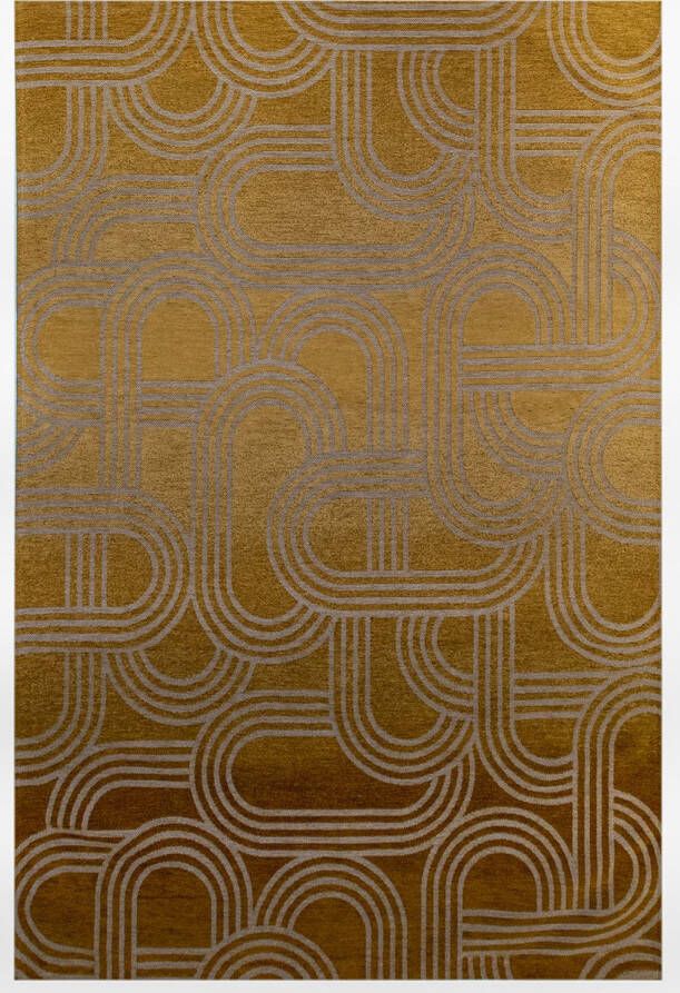 Beneffito Vloerkleed Disco geel met geometrische lijnen en cirkels Tapijt 140 x 200 cm