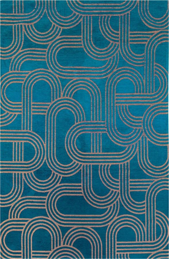 Beneffito Vloerkleed Disco donkerblauw met geometrische lijnen en cirkels Tapijt 140 x 200 cm - Foto 2