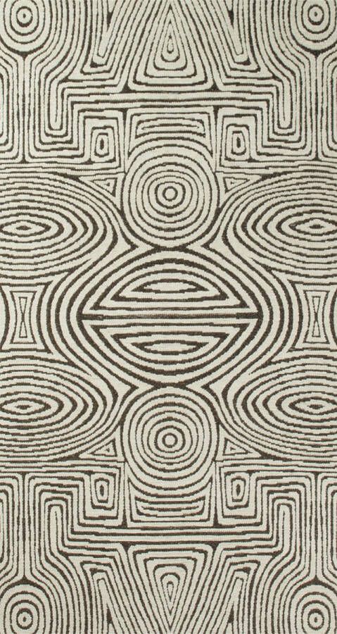 LOLA&MOI Geometrisch ivoor vloerkleed Tabasco met cirkels en labyrinten in goudgeel Tapijt 80 x 150 cm