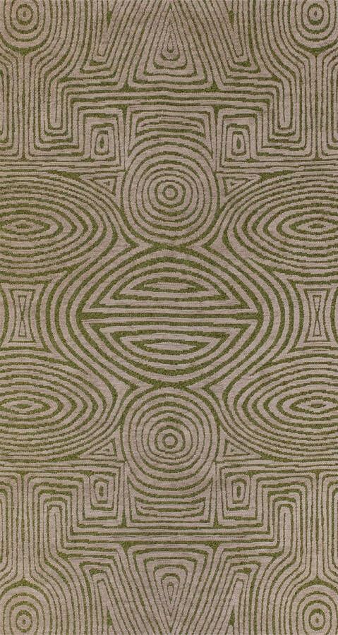 LOLA&MOI Geometrisch groen vloerkleed Tabasco met cirkels en labyrinten in goudgeel Tapijt 80 x 150 cm