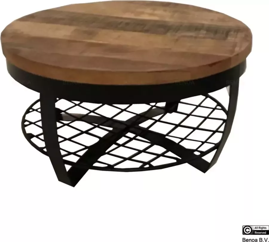 Benoa Desert Iron Round Coffee Table Wooden top & Iron Shelf at base 65 cm Iron Stand Black Finish & Wood Natural Finish