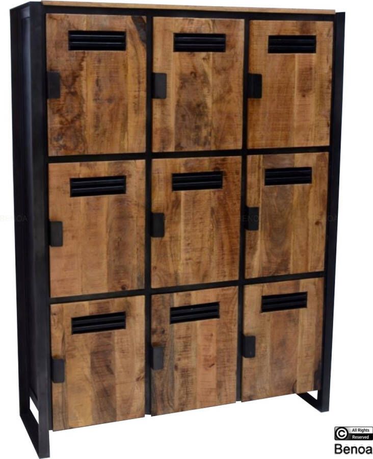 Benoa Industrieel Vakkenkast Luna Mango houten Lockerkast Kast met 9 deuren en vakken Vintage vakkenkast Multifunctionele Opbergkast Duurzame Lockerkast Vakkenkast met Industriële stijl Opbergoplossing voor de woonkamer meubels