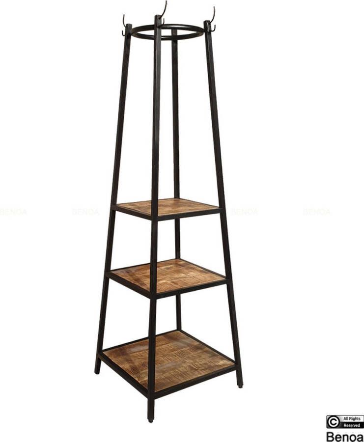 Benoa Vrijstaande Kapstok met 3 Legplanken Industriële vintage look 60x60x180cm Mangohouten Garderobe rek Industriële Kapstok voor in de gang of slaapkamer Kapstok met legplank Kapstok met 8 haken