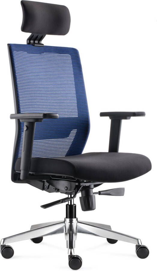 Bens 850H-Ergo-3 NIEUW Ergonomische Bureaustoel met alle instel opties Incl. hoofdsteun Gepolijst aluminium voetenkruis GREENGUARD GOLD Voldoet aan EN1335 & ARBO normen Blauw