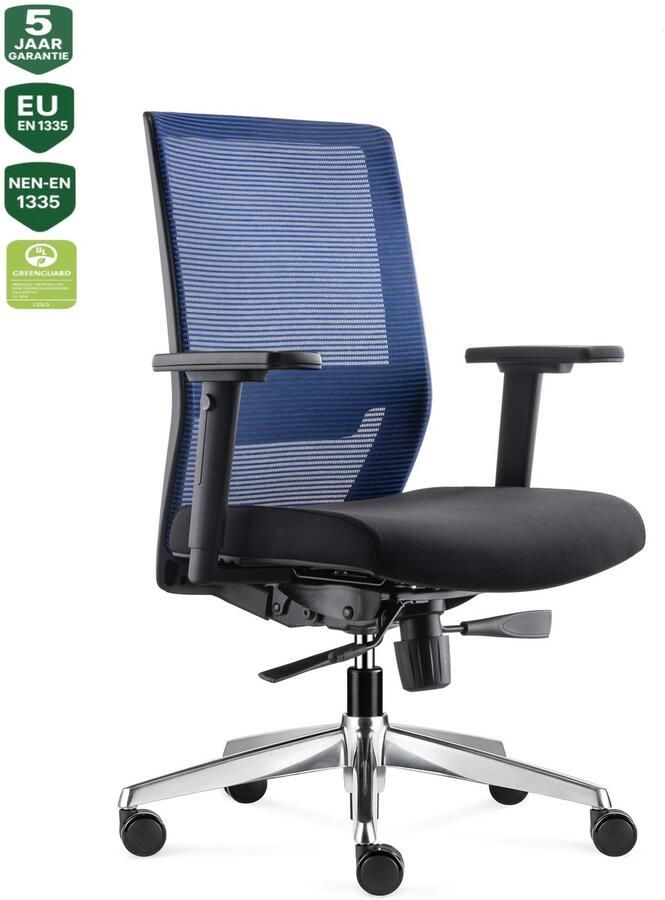 Bens 850-Ergo-3 NIEUW Ergonomische Bureaustoel met alle instel opties Gepolijst aluminium voetenkruis GREENGUARD GOLD Voldoet aan EN1335 & ARBO normen Blauw