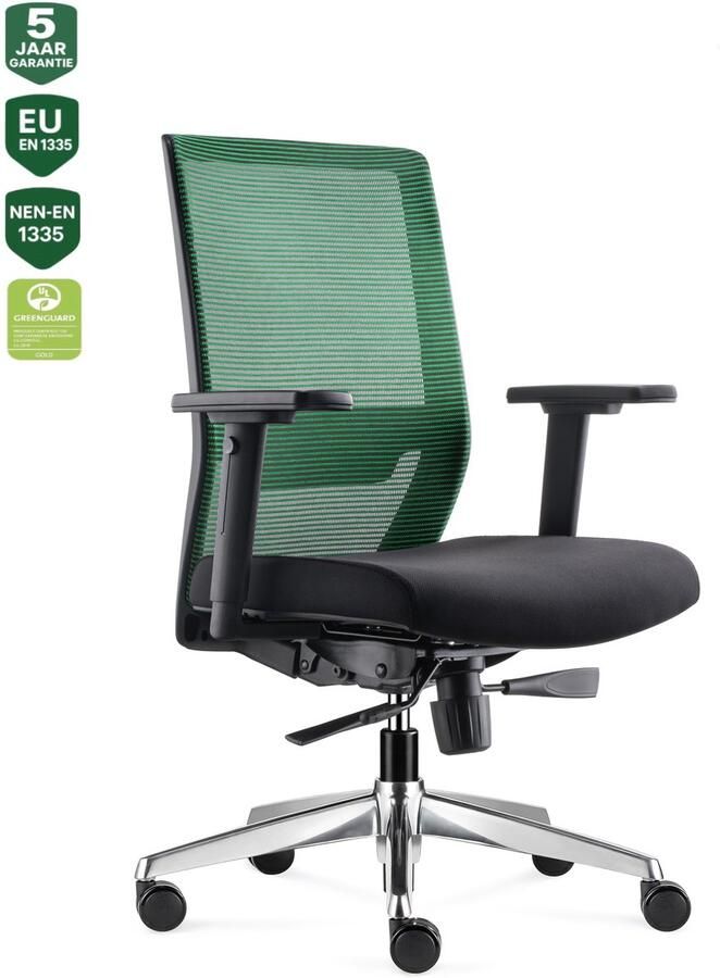 Bens 850-Ergo-3 NIEUW Ergonomische Bureaustoel met alle instel opties Gepolijst aluminium voetenkruis GREENGUARD GOLD Voldoet aan EN1335 & ARBO normen Groen