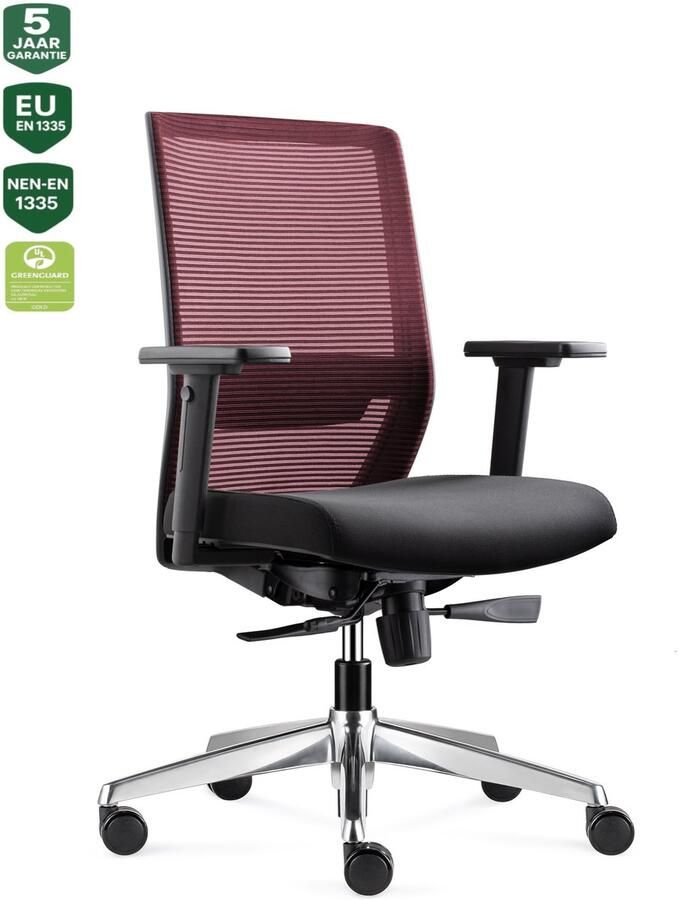 Bens 850-Ergo-3 NIEUW Ergonomische Bureaustoel met alle instel opties Gepolijst aluminium voetenkruis GREENGUARD GOLD Voldoet aan EN1335 & ARBO normen Rood