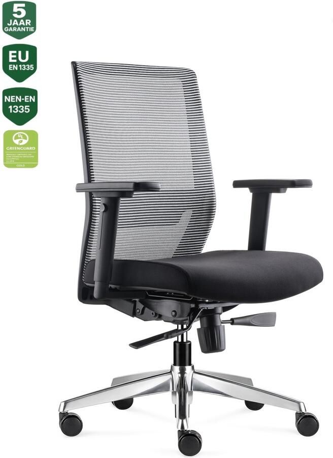 Bens 850-Ergo-3 NIEUW Ergonomische Bureaustoel met alle instel opties Gepolijst aluminium voetenkruis GREENGUARD GOLD Voldoet aan EN1335 & ARBO normen Wit