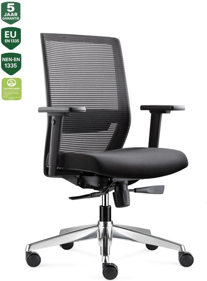 Bens 850-Ergo-3 NIEUW Ergonomische Bureaustoel met alle instel opties Gepolijst aluminium voetenkruis GREENGUARD GOLD Voldoet aan EN1335 & ARBO normen Zwart
