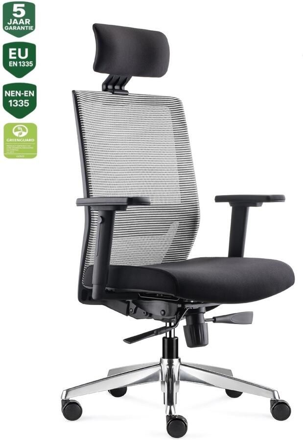 Bens 850H-Ergo-3 NIEUW Ergonomische Bureaustoel met alle instel opties Incl. hoofdsteun Gepolijst aluminium voetenkruis GREENGUARD GOLD Voldoet aan EN1335 & ARBO normen Wit