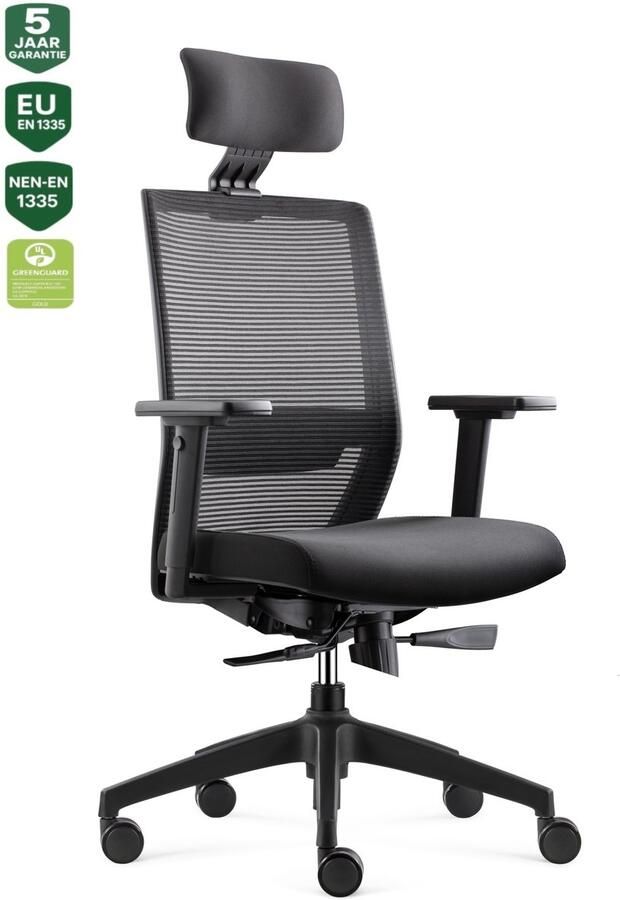 Bens 850ZH-Ergo-3 NIEUW Ergonomische Bureaustoel met alle instelopties inclusief Hoofdsteun GREENGUARD GOLD Voldoet aan EN1335 & ARBO normen Zwart