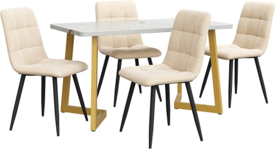 Benza Eettafel En Stoelen Set 5-delig 117x68x75cm Beige MDF Linnen Met Gouden Metalen Poten Modern Ontwerp Voor Keuken Eetkamer