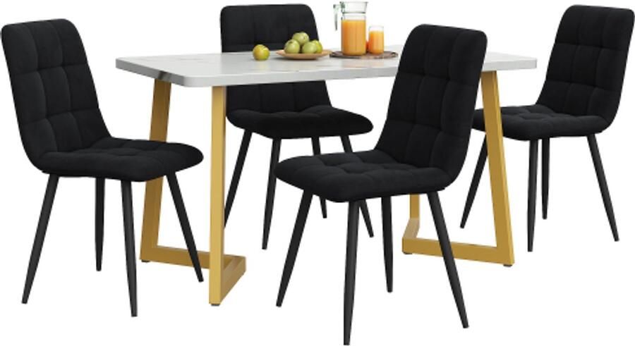 Benza Eettafel En Stoelen Set 5-delig 117x68x75cm Zwart MDF Linnen Met Gouden Metalen Poten Modern Ontwerp Voor Keuken Eetkamer
