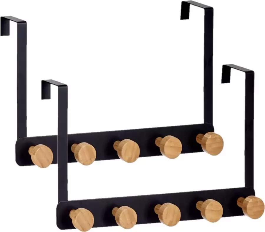 Berilo 2x Stuks deur kapstok zwart met 5 ophanghaken knoppen 33 cm Deurkapstokken