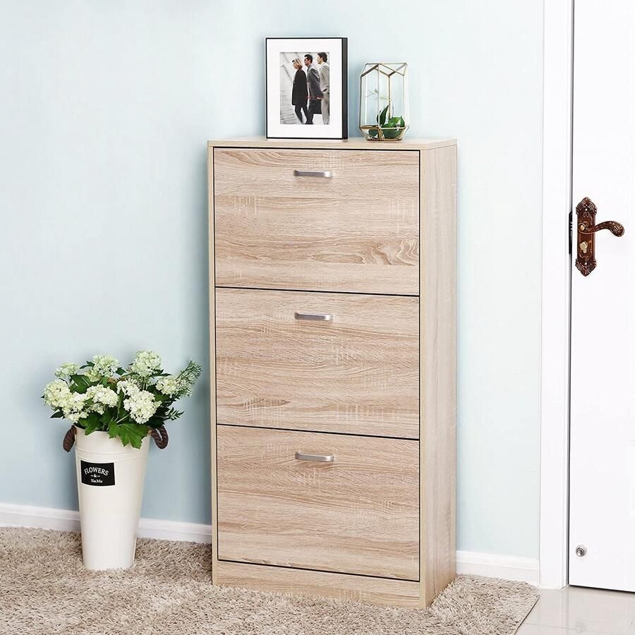 Berkatmarkt 3-laags schoenenkast verstelbaar schoenenrek met klapdeuren 60 x 24 x 120 cm (L x B x H) eikenkleur LBC03NL - Foto 2