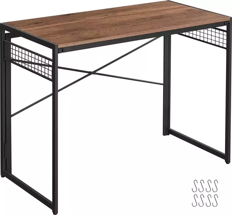 Berkatmarkt computertafel opvouwbaar bureau met 8 haken werkstation geen gereedschap nodig industrieel ontwerp voor thuiskantoor laptop en pc hazelnootbruin-zwart LWD042B03