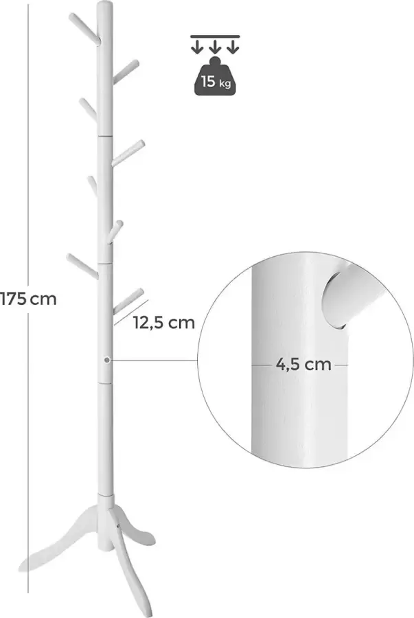 berkatmarkt Kapstok massief houten kapstok vrijstaand boomvormige kapstok met 8 haken voor jassen hoeden tassen entree gang rubberhout witte RCR60WT