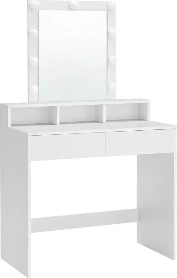 Berkatmarkt kaptafel make up tafel met spiegel en gloeilampen cosmetische tafel met 2 lades en 3 open vakken 80 x 40 x 145 cm wit RDT114W01