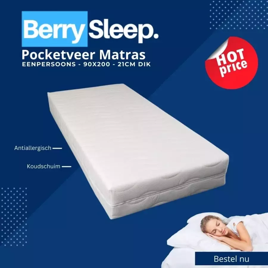 Ella-Sleep Saffier 7 Zone Eenpersoons 90x200 Pocketveer matras Anti-allergisch Koudschuim
