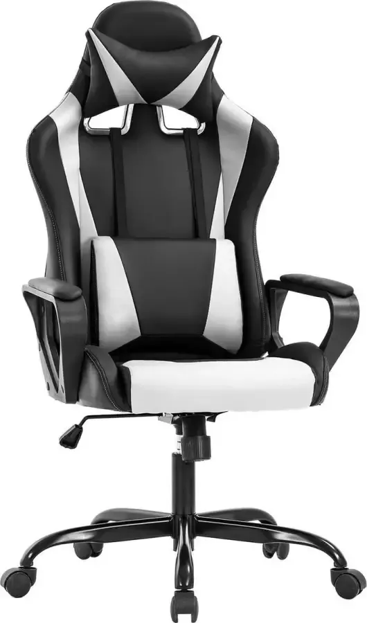 BEST OFFICE OC-GC62-White Ergonomische gaming met lendensteun en hoofdsteun PU-leer bureaustoel verstelbaar draaibaar Zwart Wit