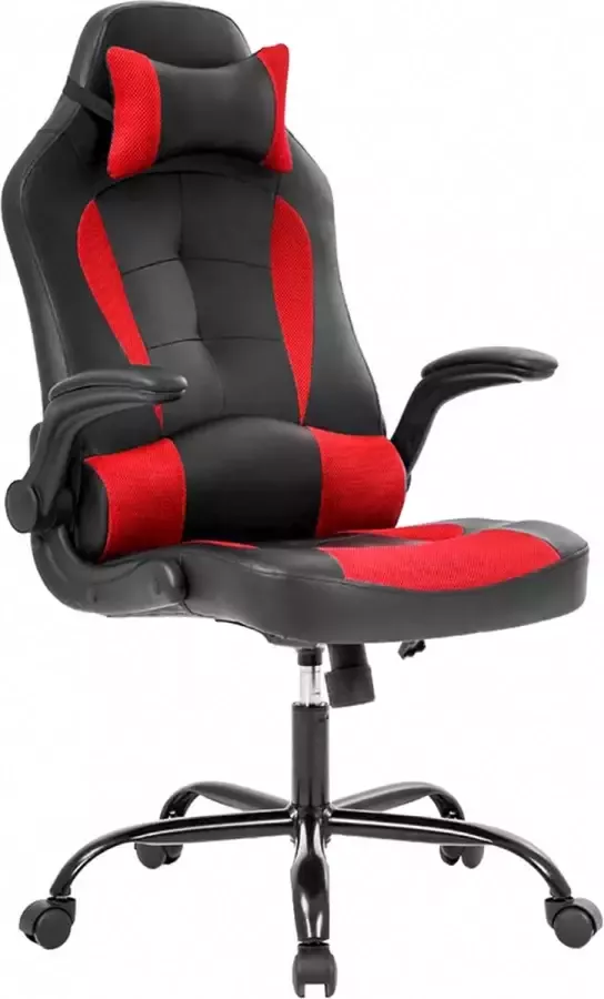 BEST OFFICE OC-RC66-Red Ergonomische gaming stoel met hoofsteun en lendensteun PU-leer bureaustoel verstelbaar draaibaar zwart rood