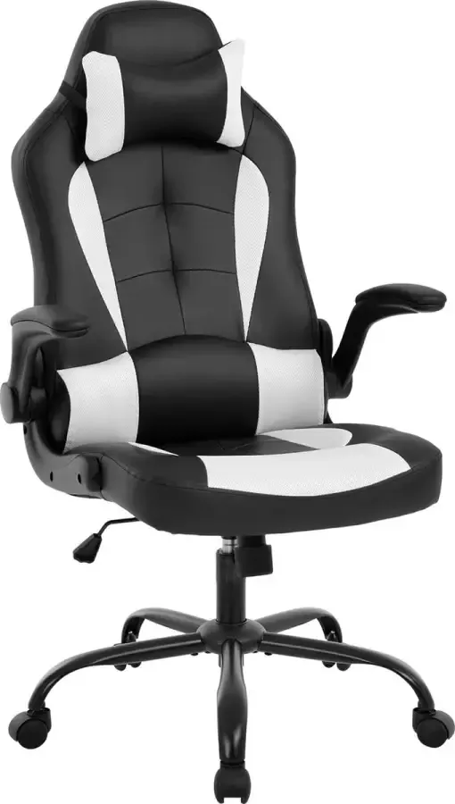 BEST OFFICE OC-RC66-White Ergonomische gaming stoel met hoofsteun en lendensteun PU-leer bureaustoel verstelbaar draaibaar zwart wit