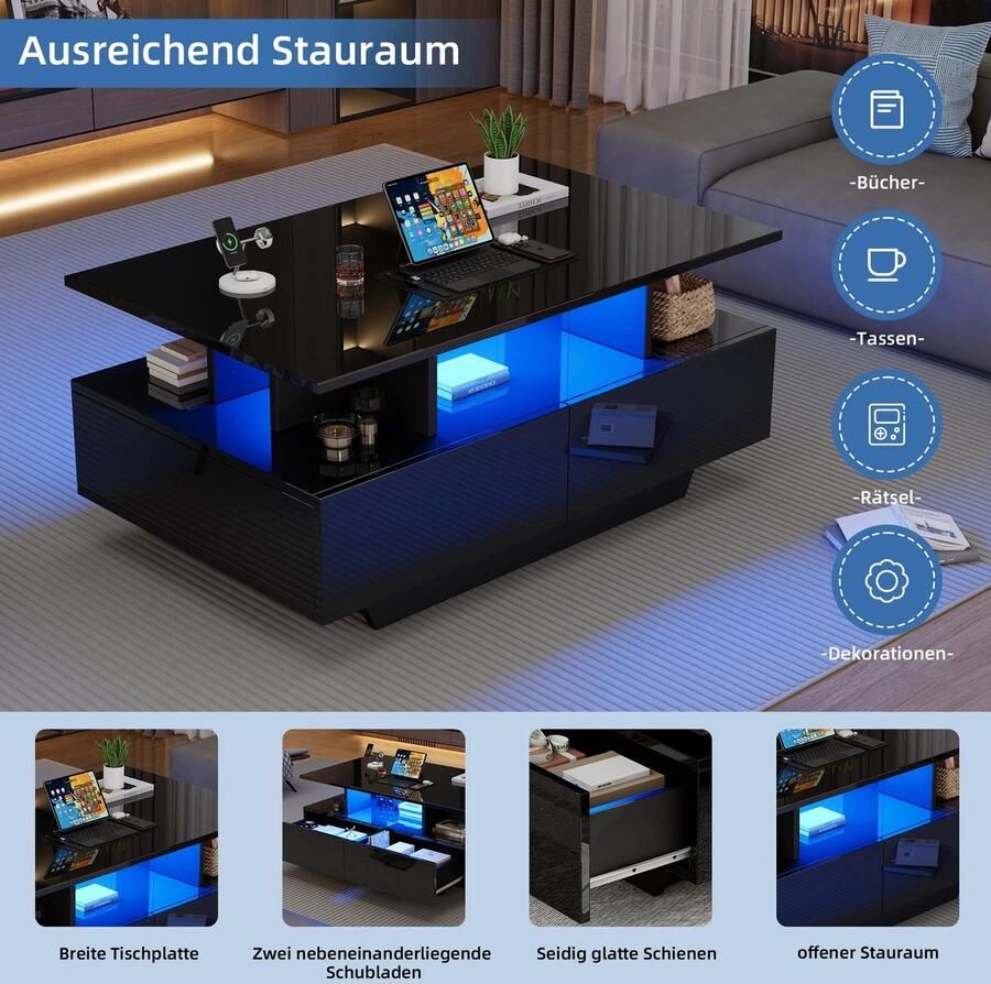 BestelBlij Salontafel Zwart Hoogglans Met ledverlichting Moderne stijl 90x55x41 cm