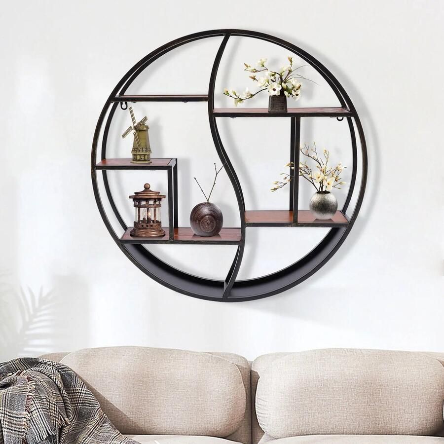 BestelBlij Wandrek Industrieel Rond 80 cm Zwart metalen frame Houten plankjes