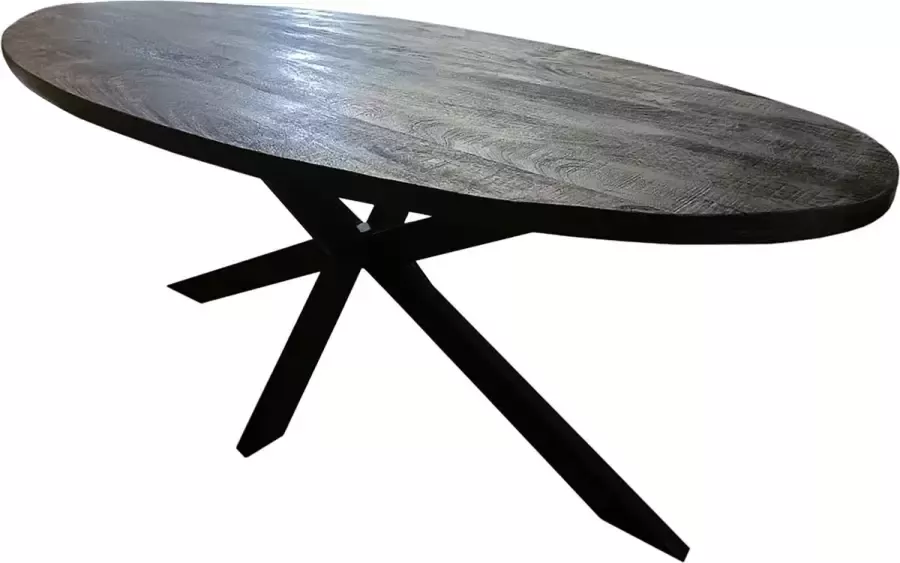 BestHomeDeals Ovale Eettafel Zwart Mangohout 180x100x76cm Spinpoot Metaal Mat Gelakt