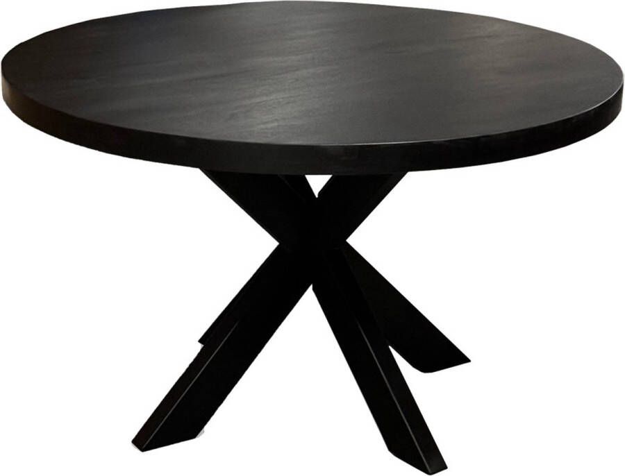BestHomeDeals Ronde Eettafel Zwart Mangohout 110cm Spinpoot Metaal Mat Gelakt