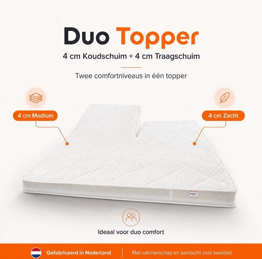 Bestrest Bedden Topdekmatras -160x200 (MET SPLIT) Split Topper Duo Traagschuim Koudschuim Topmatras 2in1 Topper Tencel Hoes Wit ca. 12cm dik Twee Hardheden - Foto 2