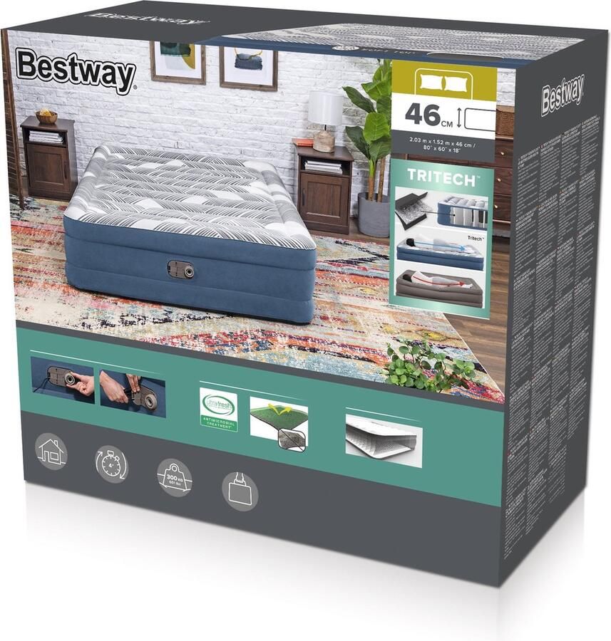 Bestway Opblaasbaar tweepersoonsmatras 150 x 200 cm met antibacteriële bekleding Blauw 46 cm dik NAVOLOU van L 203 cm x H 46 cm x D 152 cm