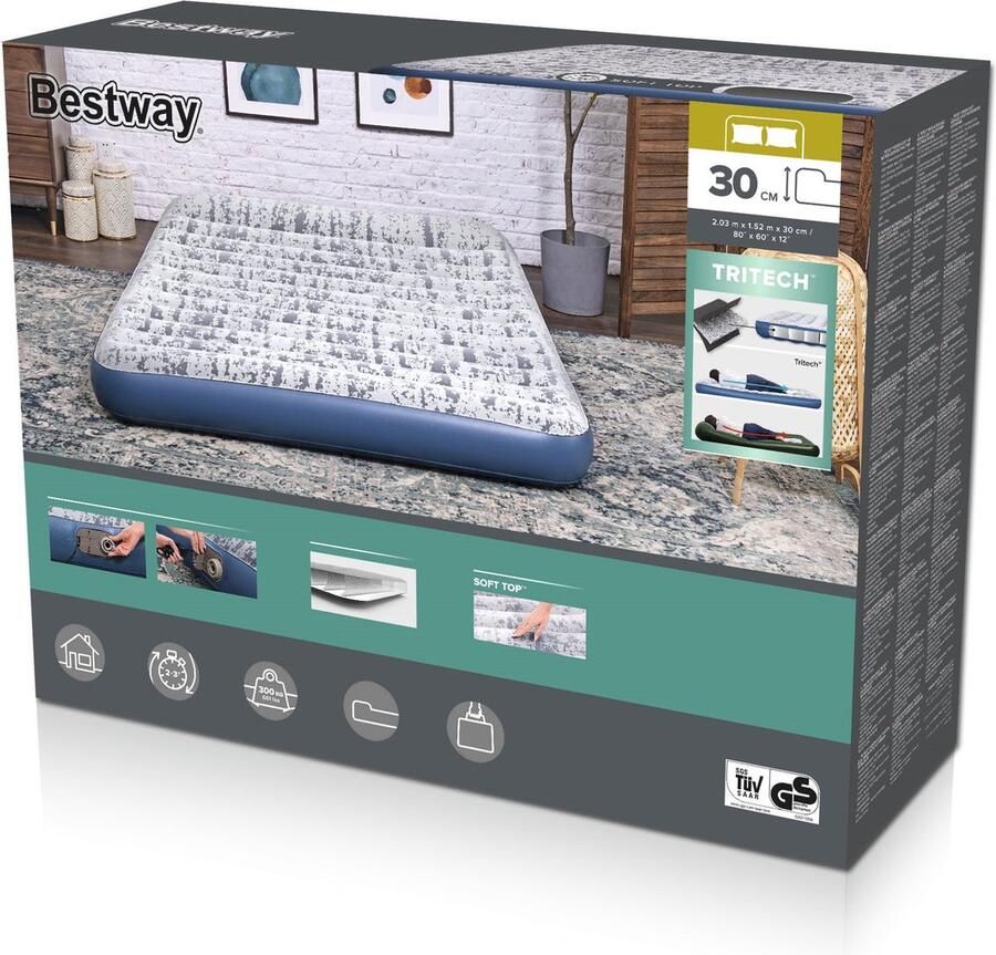 Bestway Tritech Fashion Flock Queen Luchtmatras met Ingebouwde AC Pomp en Antimicrobiële Coating 2 03 mx 1 52 mx 30 cm