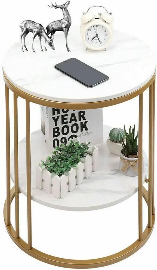 Betaalbare goederen Bijzettafel Wit Marmer Goud Ronde Salontafel Bijzettafels Bijzettafeltjes Woonkamer