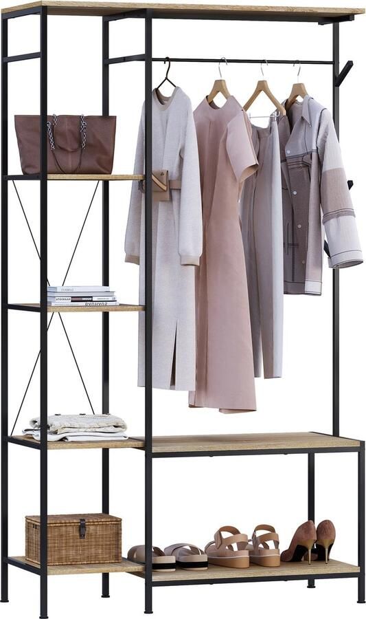 Betaalbare goederen Vrijstaande Kapstok Bruin Met Bank Met Planken Slaapkamer Hal Kledingrek Kapstok