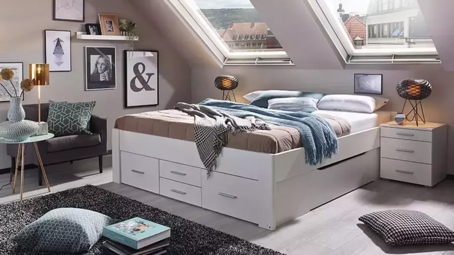 Beter Bed Basic Bed Butiken met 6 laden hoofdbord en nachtkasten 140 x 200 cm alpine wit