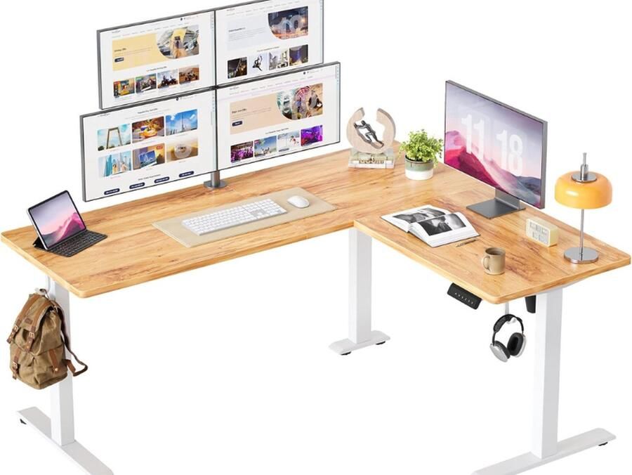 Bexevue Lvormig Sta Hoekbureau 160x140cm In Hoogte Verstelbaar Elektrisch Bureau Slim Bedieningspaneel met 3 Geheugenhoogten Antibotsingssysteem ZitSta Bureau voor Thuis Kantoor