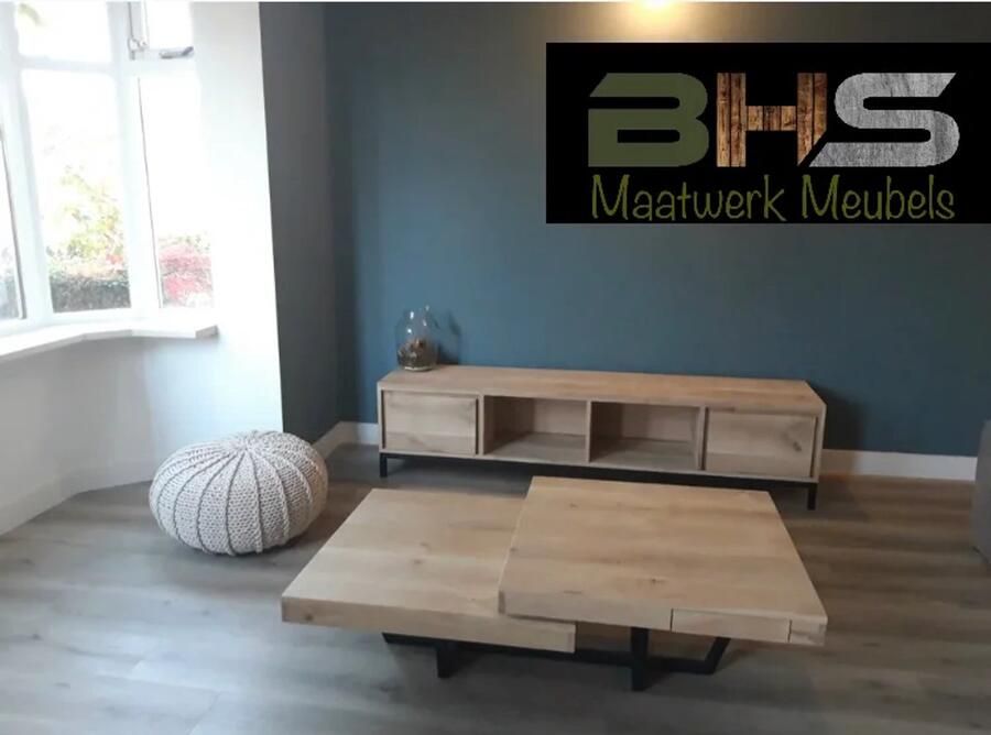 BHS Maatwerk Meubels BHS Salontafel Zoë met greeploze lade Salontafel industrieel Eikenhout Staal