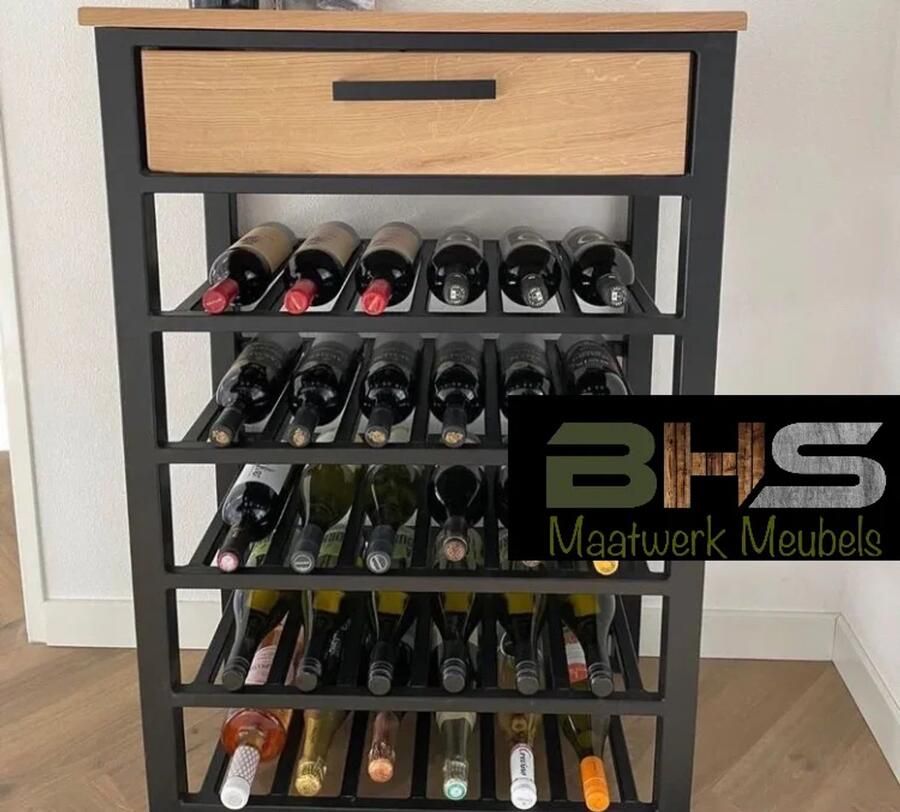 BHS Maatwerk Meubels BHS Sidetable Wijn Wijnrek Sidetable Eikenhout Staal Sidetable met lade