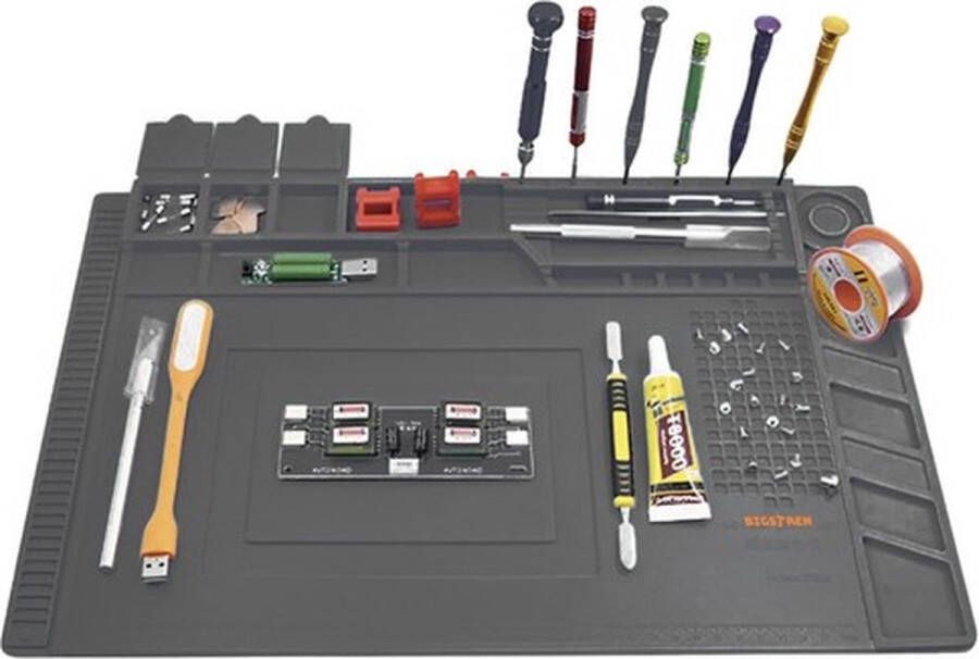 Bigstren Siliconen Soldeermat Hittebestendig Magnetisch 450 x 300mm Vakjes Grijs