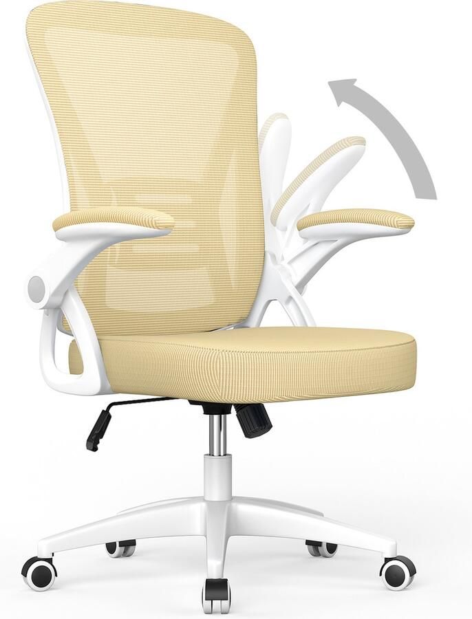 BIGZZIA Bureaustoel Ergonomische Stoel Fauteuil met 90° opklapbare armleuning Lendensteun In hoogte verstelbaar Geel