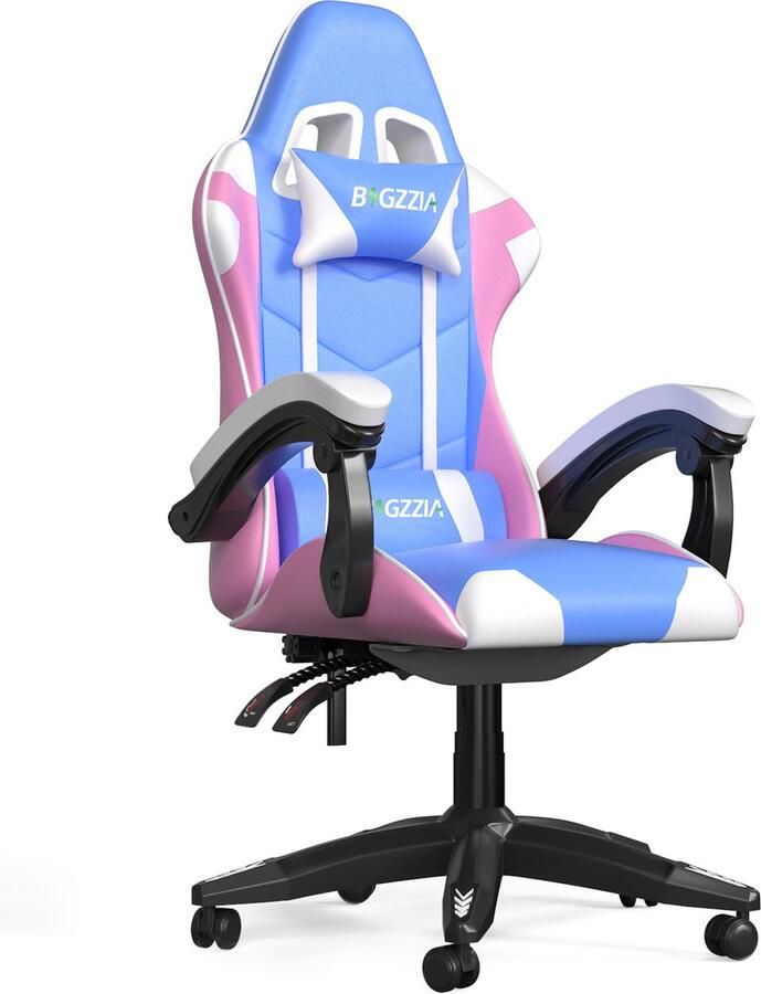 BIGZZIA Gaming stoel Bureaustoel Ergonomische Gaming stoel in veelkleurig PU leer 155° verstelbare rugleuning met lendesteun en hoofdsteun Roze en blauw
